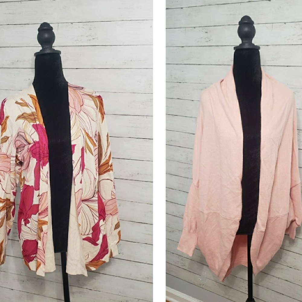2pc-Chico's Sz2/Large Floral and Solid Pink Cardigans No Buttons Long Sl. Office